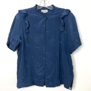 Zadig & Voltaire Silk Jacquard Guitar Ruffle Button Down Shirt in Sailor Blue M